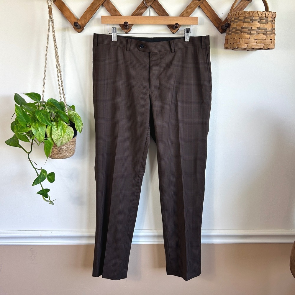 Indochino Yaletown 50 Mens Brown Glen Check Plaid Dress Pants Trousers